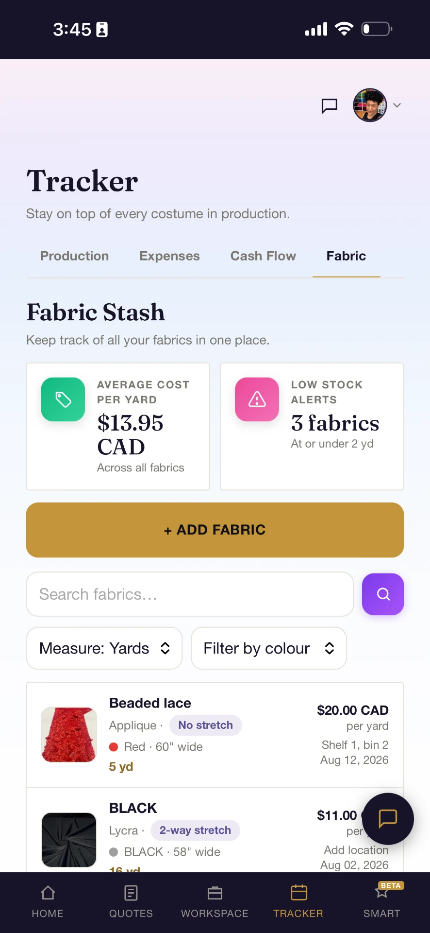 Fabric stash and low stock in Costumer