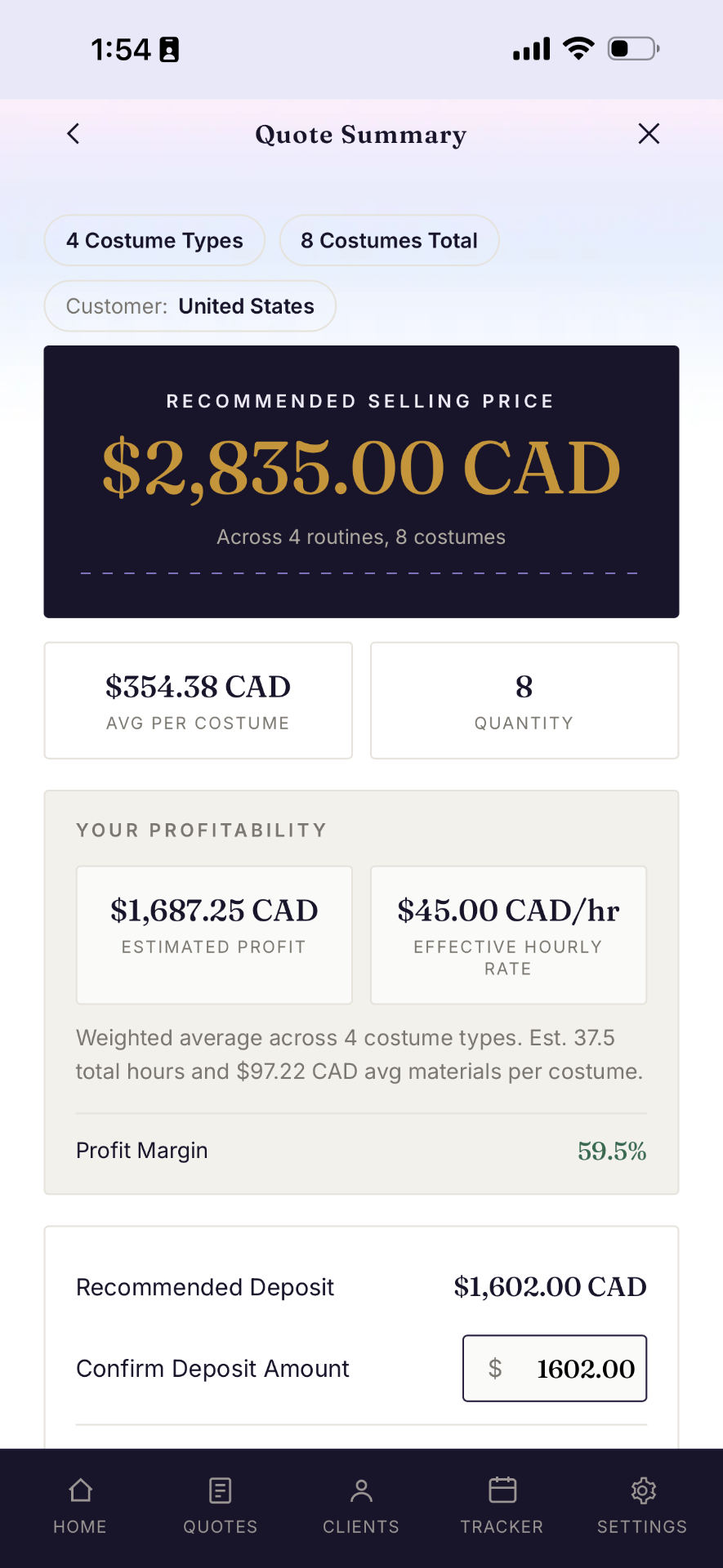 Costumer project financial summary